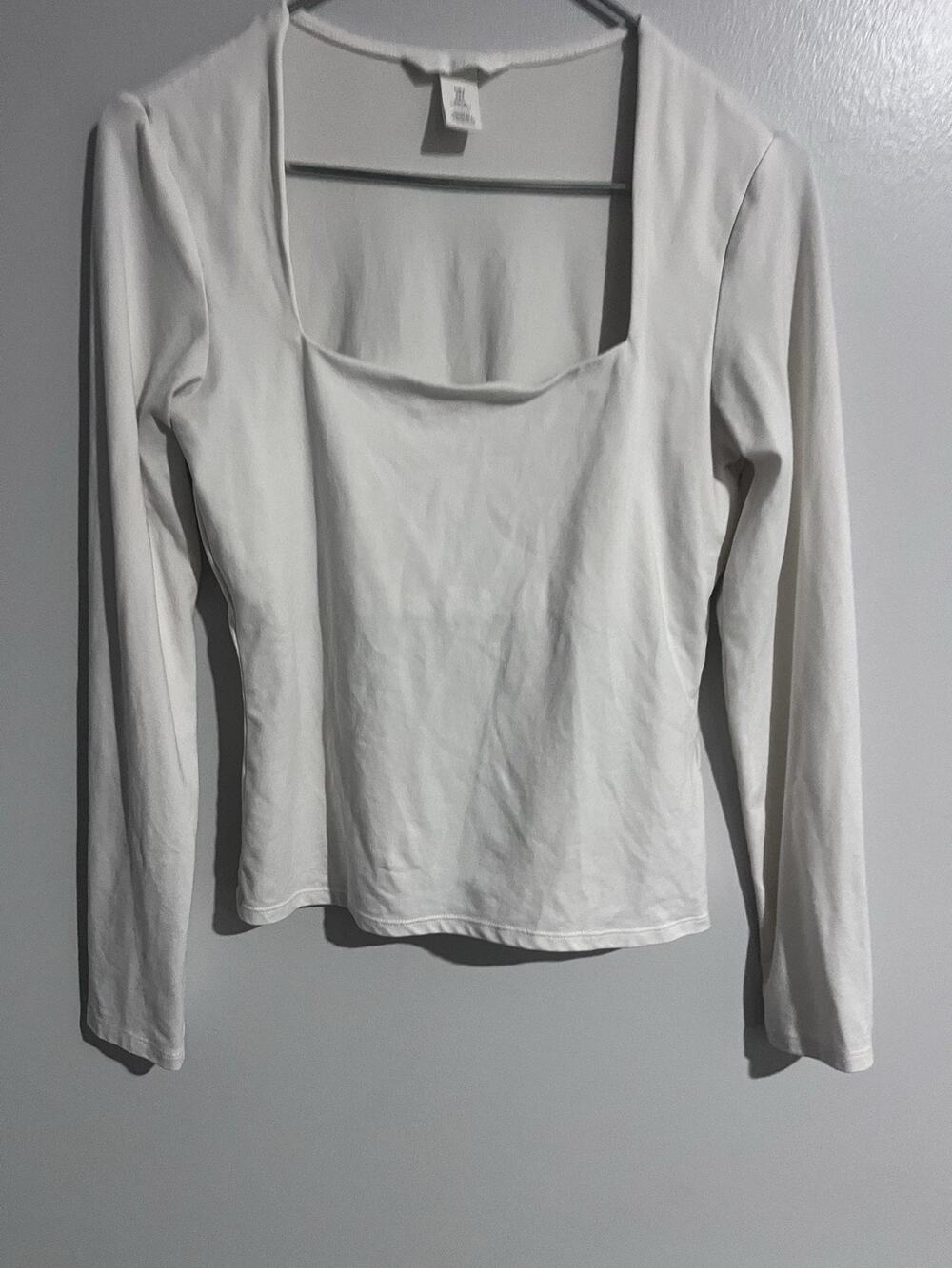 H&M T-Shirt Womens S White Square Neck Long Sleeve Slim Jersey Stretch